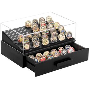 Coin Display Case Military Challenge Coin Holder with Thickened Acrylic Lid and Drawer Wooden US Flag Shadow Box Wall Mounted Decor Gift for Collector, Grandfathers, Fathers, Comrade-in-arms