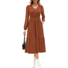 Kranda Women 2024 Fall Puff Long Sleeve V Neck Causal Flowy Pleated Ruffle Tiered Fit and Flare Midi Dress with Pockets in Kuwait