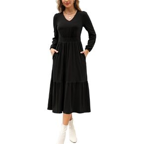 Kranda Women 2024 Fall Puff Long Sleeve V Neck Causal Flowy Pleated Ruffle Tiered Fit and Flare Midi Dress with Pockets