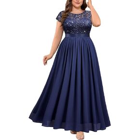 Knitee Women's Plus Size Sequin Floral Lace Formal Bridesmaid Party Flowy Maxi Dress