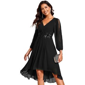 Ever-Pretty Women's Formal Lantern Long Sleeve Pleated Knee Length Dress 2024 High Waist Cocktail Flowy Dresses 02926