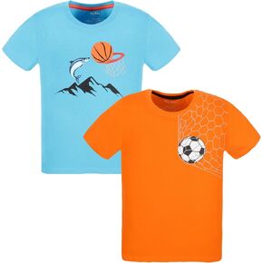 Soccer Ball and Basketball Print, Cotton, Blue & Orange Color, Short Sleeve, 2Pack Combo (Ages 4-14 Yrs, Boys Girls)