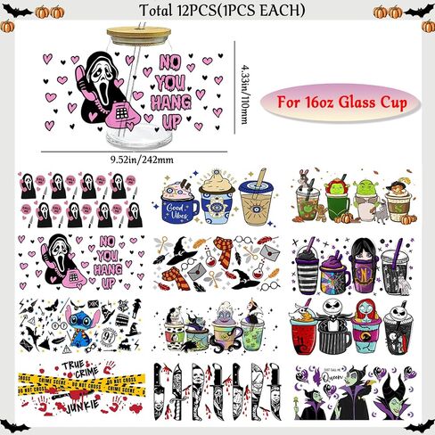 UV DTF Cup Wrap & Transfer Stickers - 16oz Glass Cup Decals, Waterproof Rub On Transfers for Crafts & Vintage (Halloween Series-12 Sheets) in Kuwait