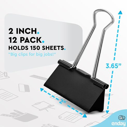 مشابك ربط كبيرة، بعرض 2 بوصة، سعة 1 بوصة، مشابك ربط سوداء كبيرة، مشابك ورقية كبيرة للوازم المكتب والمنزل، (عبوة من 12 قطعة) - من إنداي in Kuwait