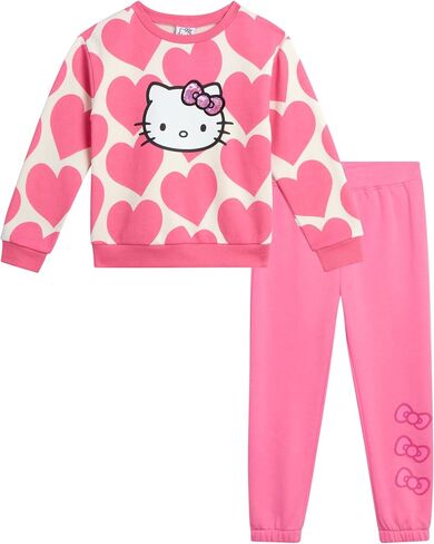 Hello Kitty Girls' Pants Set - 2 Piece Crewneck Sweatshirt and Fleece Pants - Matching Outfit for Girls (2T-12), Size 5-6, White/Aurora Pink in Saudi Arabia