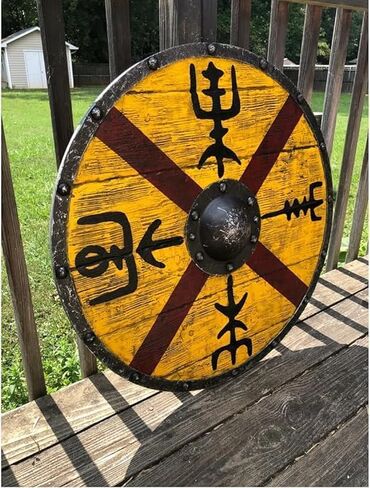 درع الفايكنج من العصور الوسطى Vegvisir الخشب والحديد درع مستدير نورس نايت Battleworn LARP SCA درع للعب الأدوار والكوسبلاي أزرق أصلي in Saudi Arabia