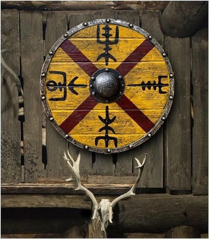 درع الفايكنج من العصور الوسطى Vegvisir الخشب والحديد درع مستدير نورس نايت Battleworn LARP SCA درع للعب الأدوار والكوسبلاي أزرق أصلي in Saudi Arabia