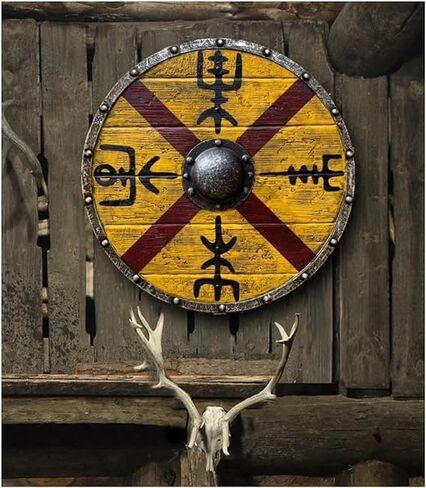 درع الفايكنج من العصور الوسطى Vegvisir الخشب والحديد درع مستدير نورس نايت Battleworn LARP SCA درع للعب الأدوار والكوسبلاي أزرق أصلي in Saudi Arabia
