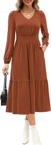 Kranda Women 2024 Fall Puff Long Sleeve V Neck Causal Flowy Pleated Ruffle Tiered Fit and Flare Midi Dress with Pockets in Kuwait