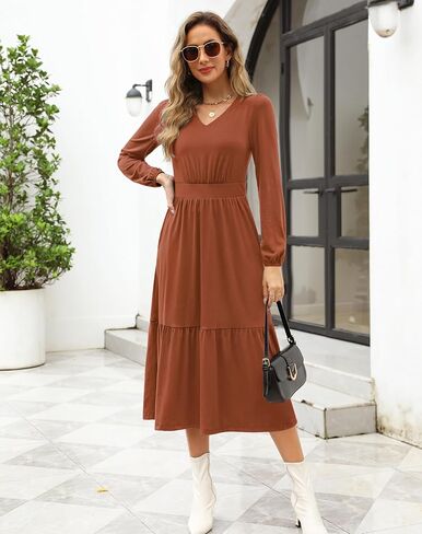 Kranda Women 2024 Fall Puff Long Sleeve V Neck Causal Flowy Pleated Ruffle Tiered Fit and Flare Midi Dress with Pockets in Kuwait