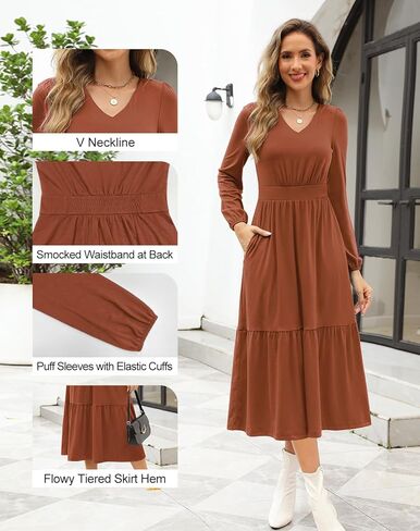 Kranda Women 2024 Fall Puff Long Sleeve V Neck Causal Flowy Pleated Ruffle Tiered Fit and Flare Midi Dress with Pockets in Kuwait