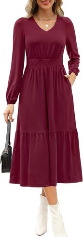 Kranda Women 2024 Fall Puff Long Sleeve V Neck Causal Flowy Pleated Ruffle Tiered Fit and Flare Midi Dress with Pockets in Saudi Arabia