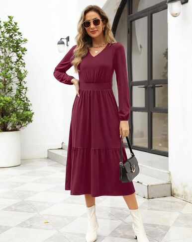 Kranda Women 2024 Fall Puff Long Sleeve V Neck Causal Flowy Pleated Ruffle Tiered Fit and Flare Midi Dress with Pockets in Saudi Arabia