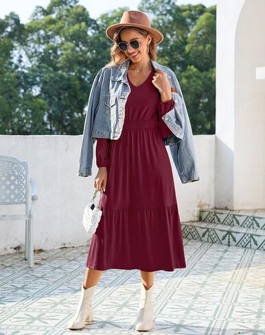 Kranda Women 2024 Fall Puff Long Sleeve V Neck Causal Flowy Pleated Ruffle Tiered Fit and Flare Midi Dress with Pockets in Saudi Arabia