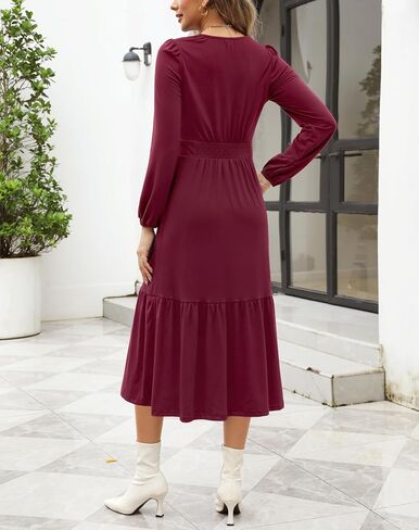 Kranda Women 2024 Fall Puff Long Sleeve V Neck Causal Flowy Pleated Ruffle Tiered Fit and Flare Midi Dress with Pockets in Saudi Arabia
