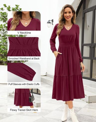 Kranda Women 2024 Fall Puff Long Sleeve V Neck Causal Flowy Pleated Ruffle Tiered Fit and Flare Midi Dress with Pockets in Saudi Arabia