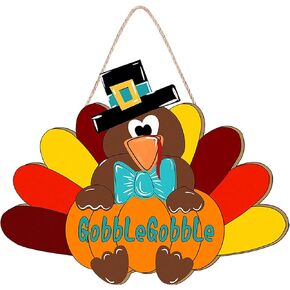 Thanksgiving Door Sign Thanksgiving Decor - Turkey Gobble Wooden Hanger Wall Decor - Rustic Front Door Hanger Wreath for Thanksgiving Fall Decorations