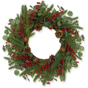 Artifical Christmas Door Wreath 22 Inches Christmas Wreaths for Front Door Rustic Winter Wreath with Evergreen Pine Needle Pinecone Red Berries for Wall Porch Window Holiday Indoor Outdoor