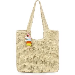 Straw Beach Tote Bag with Tassel Hat Clip for Travel Vocation, Lightweight Raffia Summer Shoulder Bag for Women