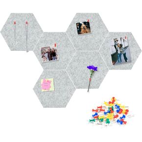 Tikea Hexagon Felt Bulletin Board, 6Pcs Large Pin Boards 11.8 x 10.2 x 0.5IN Self Adhesive Photos Memo Notice Felt Board Tiles for Wall Office Home Classroom Decor, Light Gray