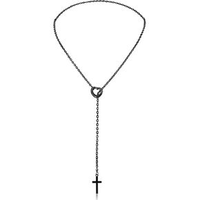 Manfnee Lariat Y Necklaces,Black Cross Necklace,Slip Chain Necklace Stainless Steel Cuban Long Necklace