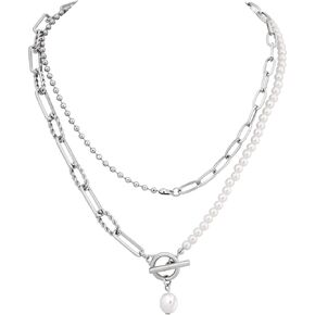 Sacina Silver-tone-tone Layered Imitation-Imitation-pearl Necklace, Chunky Necklace for Women, Layered Necklaces for Women Trendy, Y2k Necklace, Imitation-Imitation-pearl Necklace, Christmas Jewelry Gift For Women