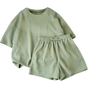 Girl's 2 Piece Outfits Drop Shoulder Short Sleeve Tee Shirt and Track Shorts Sets Summer Cute Clothes