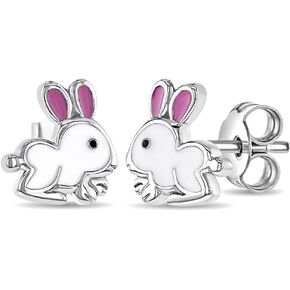 925 Sterling Silver Toddlers & Young Girls White Pink Enamel Stud Bunny Earrings For Animal Lover Kids- Fun & Stylish Earrings Gift For Children's Birthday