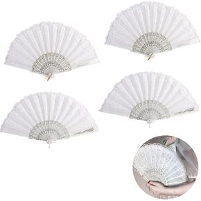 4 Pack White lace Folding Fan Japanese Chinese Handheld Fans for Bridal Dancing Props Church Wedding Gift Party Favors