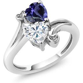 Gem Stone King 925 Sterling Silver Blue Iolite White Moissanite and White Diamond Ring For Women (1.41 Cttw, Heart Shape 6MM, Gemstone Birthstone, Available In Size 5, 6, 7, 8, 9)