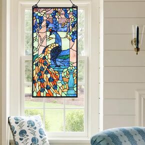 Handmade Tiffany Style Stained Glass Window Panel (KP315N), Peacock Bird Design Suncatcher Decoration, Hanging Chain Included, Size: W14 x H28