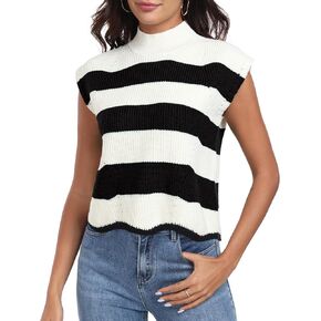 T1FE 1SFE Women Sleeveless Sweater Knit Mock Neck Cap Sleeve Striped Sweater Vest for Women Casual Cropped Pullover Tank