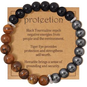 Energy Mens Beaded Bracelets,Triple Protection Bracelet for Men,Made of Three Kinds of 8mm Beads (Black Obsidian Hematite Tiger Eye Beaded), Personalized Gifts for Men