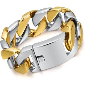 ROWIN&CO Mens 32mm Huge Chunky Bracelet Silver Gold Large Stainless Steel Curb Bracelet for Men, Hip Hop Jewelry, 9.5 Inch/10.5 OZ, Cuban Polished Bracelet Chains, Includes Gift Box.