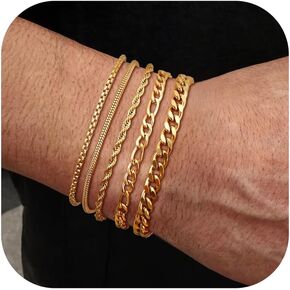 FUNRUN JEWELRY 5Pcs Stainless Steel Bracelets for Men Women Gold Silver Cuban Link Rope Figaro Chain Bracelet Set for Men 7.5/8/8.5inch