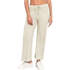 Famulily Womens Cable Knit Chenille Long Pants Casual Drawstring Wide Leg Pants Fleece Warm Pajamas Pants