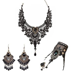 Halloween Black Choker Earrings Bracelet Set Witch Costume Women Gothic Accessories Vintage Goth Jewelry Set Black Ring Gloves Vampire Choker Necklace Halloween Costume
