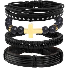 MILAKOO 4Pcs Black Leather Cuff Bracelets for Men Women Stackable Braided Vintage Punk Bracelets