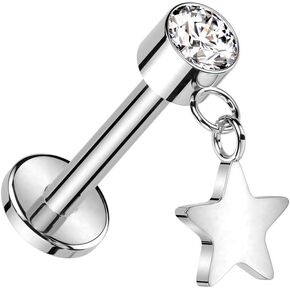 Pierced Owl 16GA ASTM F-136 Implant Grade Titanium Threadless Push-In CZ Crystal with Dangling Star Flat Back Stud