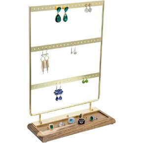 MyGift 3 Tier Brass Tone Metal Earring Display Stand with Premium Acacia Solid Wood Base, Jewelry Holder and Hanger for Earrings with Ring Tray - 28 Pair Capacity