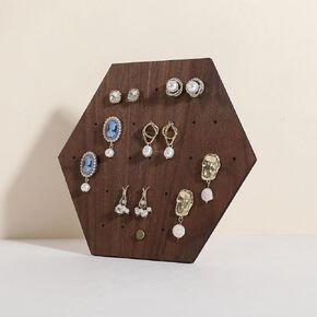 GemeShou Walnut earring organizer board, Hexagon sharp earring display stand for selling, Wooden small studs earring display holder, jewelry earring storage stands【Earring board-Hexagon】