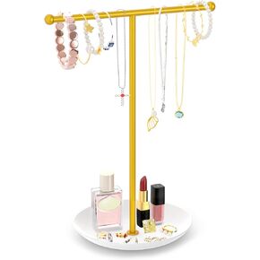Jewelry Holder Organizer Jewelry Display Stand, Metal Necklace Holder Jewelry Hanger Tower Rack for Rings Bracelets, Jewlery Display and Storage for Women Girls, Gold