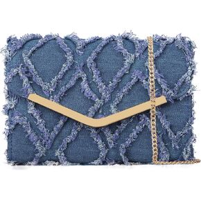 Women Evening Bag Distressed Jean Denim Foldover Clutch Purse Cocktail Prom Party Formal Envelope Crossbody Handbag