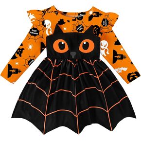 Baby Girl Halloween Outfit Pumpkin Cute Ghost Crew Neck Long Sleeve Black+Orange Cosplay Bat Dress Toddler Girl Costume