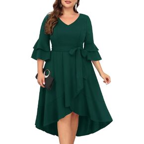 Plus Size Wedding Guest Dress - Semi Formal Double Bell Sleeve V Neck High Low Split Ruffle Cocktail Dresses with Belt