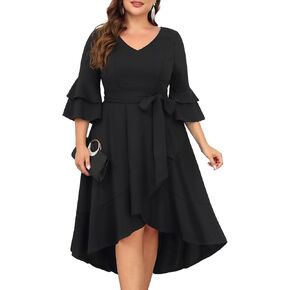 Plus Size Wedding Guest Dress - Semi Formal Double Bell Sleeve V Neck High Low Split Ruffle Cocktail Dresses with Belt in Kuwait