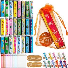 Coume 24 Sets Harmonica Cartoon Mouth Harp for Kids 16 Holes Mouth Harp Birthday Return Gifts with Organza Bag and Tag Graduation Party Gift for Child Beginner Musical Party Favor, Random Color