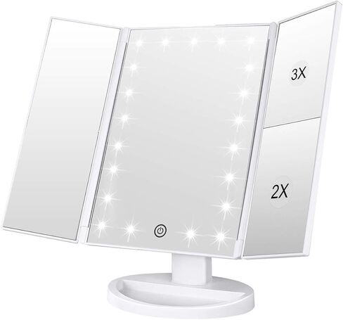مرآة مكياج WEILY، مرآة مكياج ثلاثية الطي 1x /2x/3x مع 21 مصباح LED ومرآة شاشة تعمل باللمس قابلة للتعديل ومرايا لسطح الطاولة لمستحضرات التجميل (أبيض) in Saudi Arabia