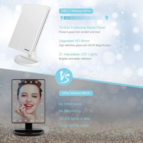 مرآة مكياج WEILY، مرآة مكياج ثلاثية الطي 1x /2x/3x مع 21 مصباح LED ومرآة شاشة تعمل باللمس قابلة للتعديل ومرايا لسطح الطاولة لمستحضرات التجميل (أبيض) in Saudi Arabia