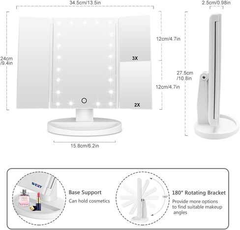 مرآة مكياج WEILY، مرآة مكياج ثلاثية الطي 1x /2x/3x مع 21 مصباح LED ومرآة شاشة تعمل باللمس قابلة للتعديل ومرايا لسطح الطاولة لمستحضرات التجميل (أبيض) in Saudi Arabia